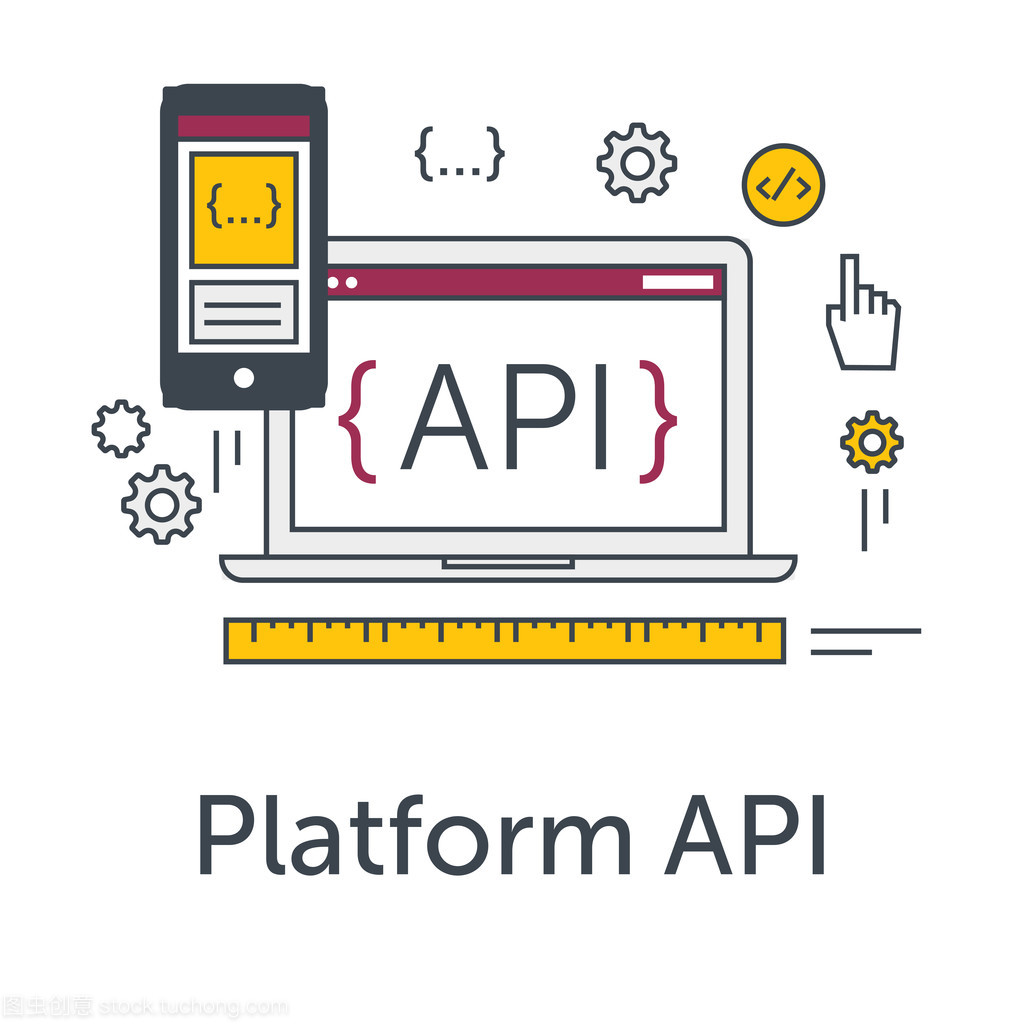 细线平面设计概念横幅广告的软件开发。平台 Api 图标。编程语言、 测试和 bug 修复笔记本电脑和智能手机上。现代的矢量图